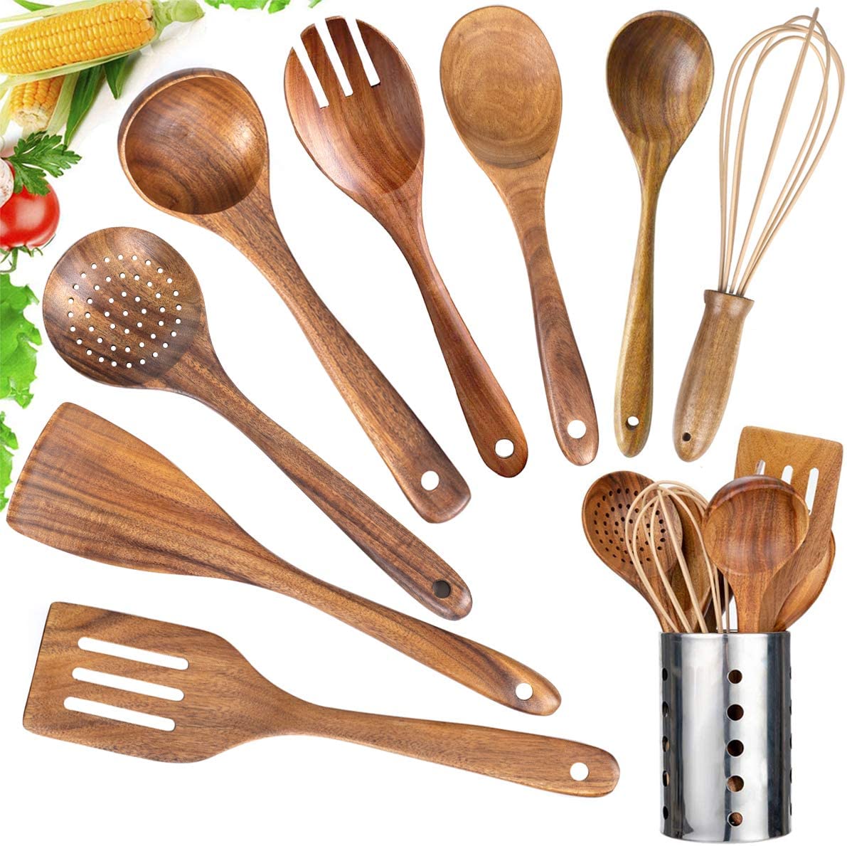 9 pack of assorted wooden kitchen utensils