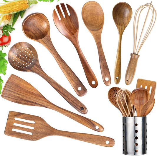 9 pack of assorted wooden kitchen utensils