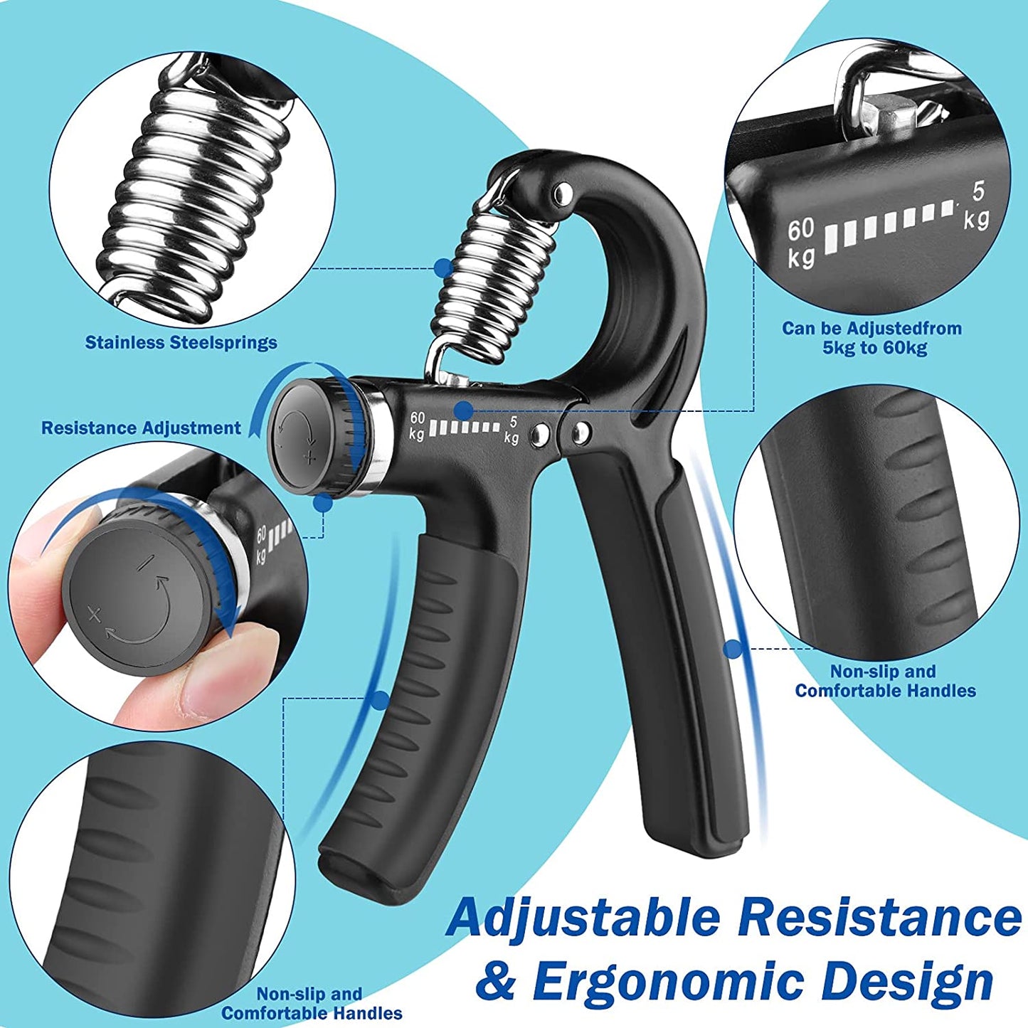 Hand strengthener with adjustable resistance from 11 to 132 lb
