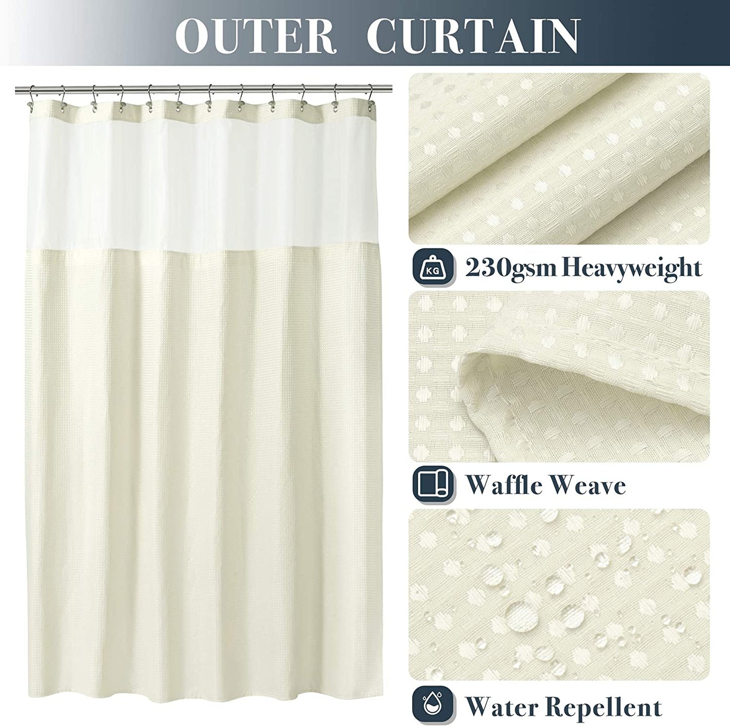 Waffle Weave Shower Curtain Set with Pressed Fabric Liner, Cream