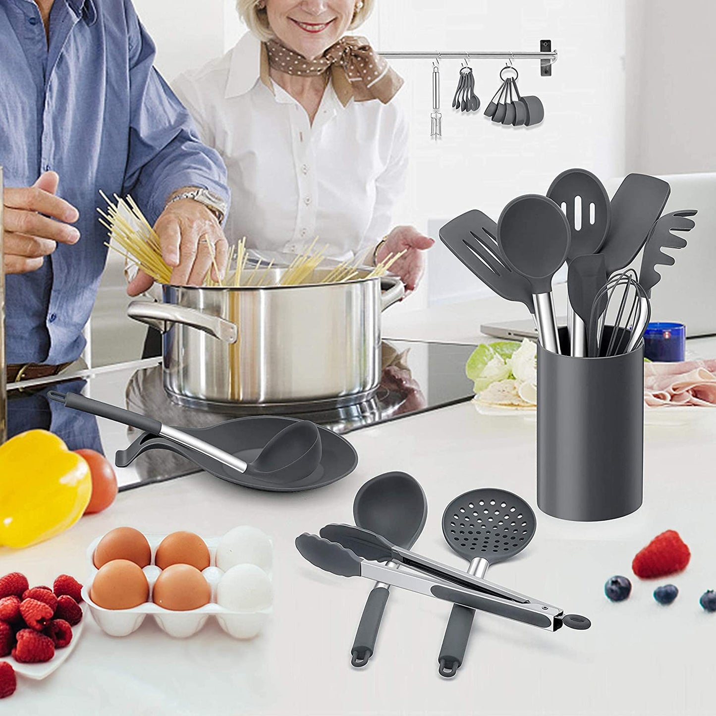 43-piece cookware set, stainless steel handle, color: gray